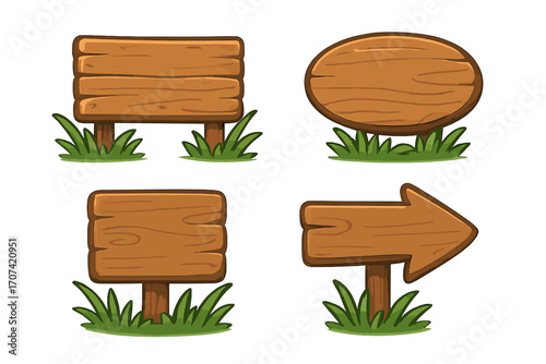 Wooden signboard set. Cartoon collection of blank wood planks. Vector illustration of empty arrow signs and boards in grass for game assets or information messages.