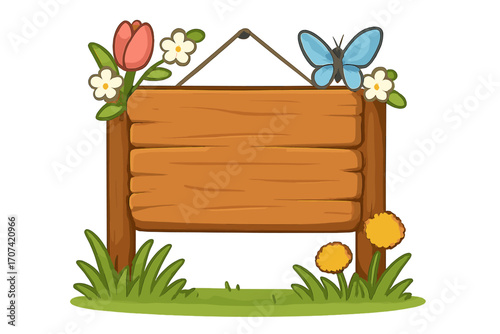Blank wooden sign vector illustration. Rustic signboard with spring decoration, flowers, butterfly, and grass. Cartoon wood plank for text, message, or announcement.