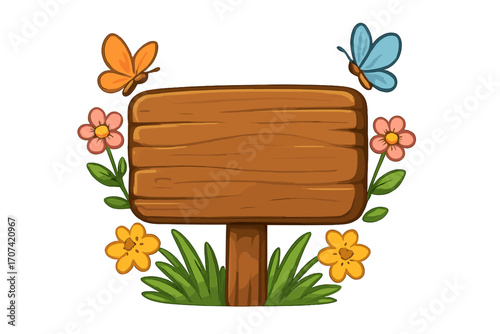 Wooden signboard in a spring garden concept. Blank rustic cartoon signpost with colorful flowers and butterflies. Nature decoration for summer. Empty wood plaque for text.