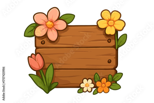 Wooden signboard symbol with spring flowers. Vector cartoon illustration of a rustic wood plank banner. Cute floral garden decoration, empty sign frame for message.
