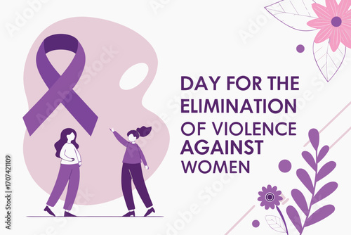 Day for the Elimination of Violence Against Women. Symbolic design with purple ribbon, strong female silhouettes, and hopeful elements.