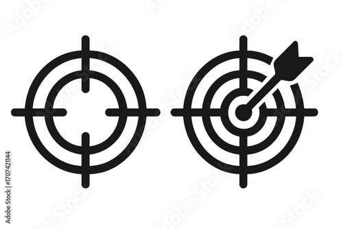 Target icon set with arrow hitting bullseye. Business goal achievement, marketing strategy, mission success concept. Vector illustration of aim, focus, and accuracy symbol.