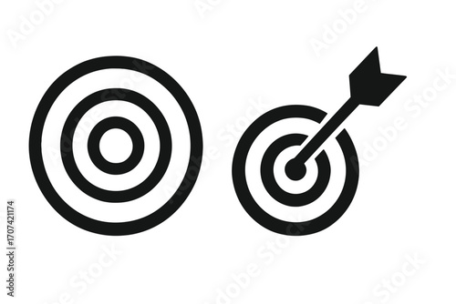 Target icon set with arrow hitting bullseye. Metaphor for business goal, success, marketing strategy, aim, precision, focus, and achievement. Vector silhouette design.