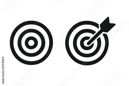 Target icon set with arrow in the bullseye. Business goal achievement concept. Vector symbol for success, accuracy, aim, and focus. Dartboard marketing objective graphic.