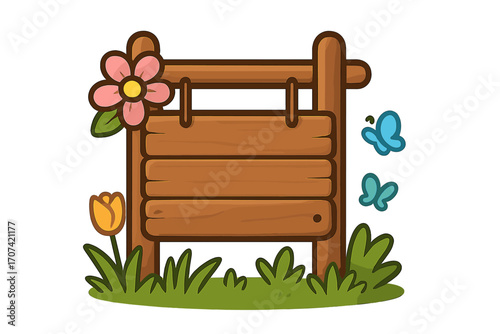 Wooden signboard in a spring garden setting. Empty rustic sign with flowers, butterflies, and grass. Cute cartoon vector illustration for messages or announcements. Blank banner.