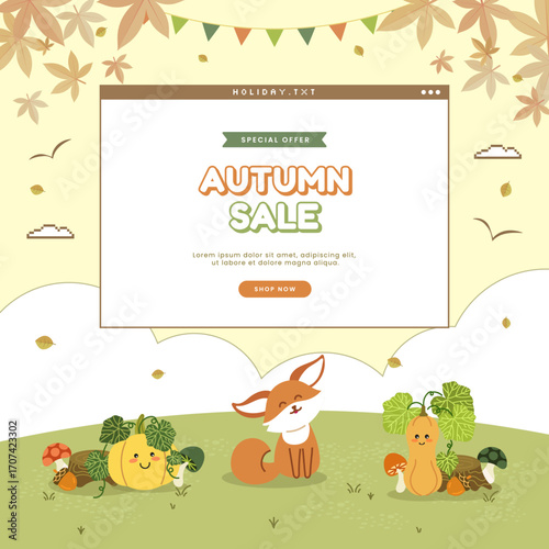 Autumn poster with cute animal illustration and retro computer pop up window