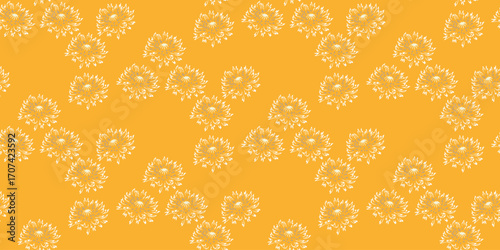 Seamless vector pattern with stylized white chrysanthemum flowers on a warm mustard yellow background. Elegant and modern designs for fabric, wallpaper, packaging, and digital