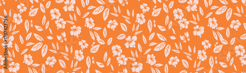 Seamless floral vector pattern with tropical hibiscus flowers and scattered leaves on a vibrant orange background. A minimalistic and stylish design for textiles, wallpapers, packaging, and branding