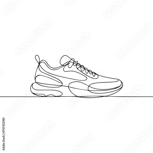 Continuous Simple black line art drawing of a huarache shoes in a minimalist style on a white background.