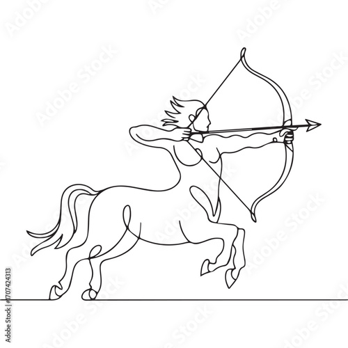 Continuous Simple black line art drawing of a centaur in a minimalist style on a white background.