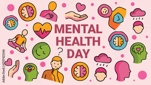 Mental health day poster colorful icons awareness brain support