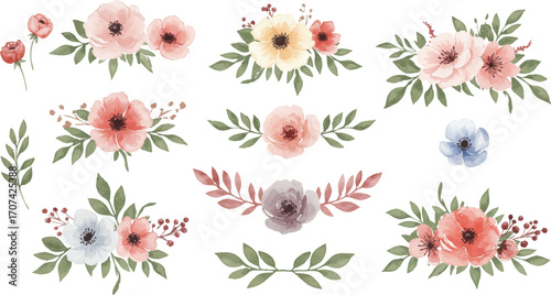 Discover a stunning assembly of delicate petals and green leaves in this beautiful vector watercolor flower illustration, ideal for romantic and natural design projects.