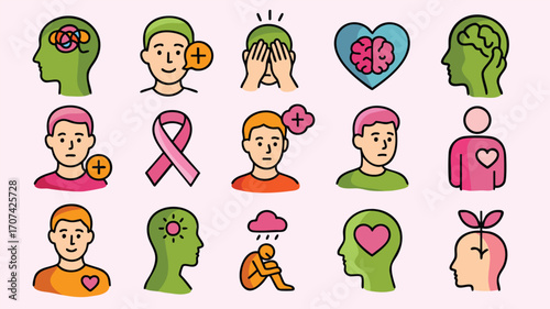 Colorful icons mental health awareness ribbon brain therapy support