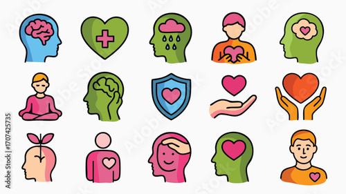 Set colorful icons brain heart therapy support awareness wellness