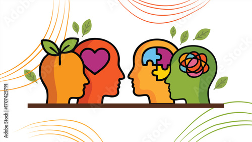 Creative heads illustration with symbols mental health awareness support