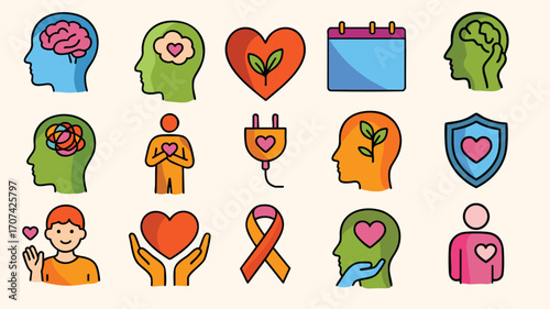Colorful icons mental health awareness day brain heart ribbon