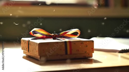 Small wrapped gift box with elegant ribbon on a teacher's wooden desk with a thoughtful and appreciative mood in a classroom setting for Teacher's Day with copy space
