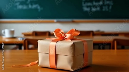 Small wrapped gift box with elegant ribbon on a teacher's wooden desk with a thoughtful and appreciative mood in a classroom setting for Teacher's Day with copy space