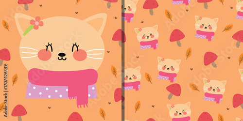 Wallpaper Mural Cute card and pattern with cartoon cat with mushroom for autumn vibe wallpaper Torontodigital.ca