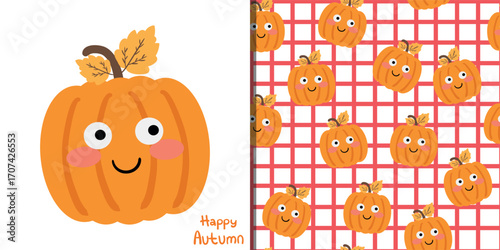 Cute card and pattern with cartoon pumpkin for autumn vibe wallpaper