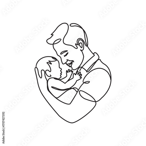 Happy Father's Day, Son or Daughter, inside of a Heart, costumes continuous line art drawing. Hero Father and child line art. Father's Day line art. Fatherhood concept line art.