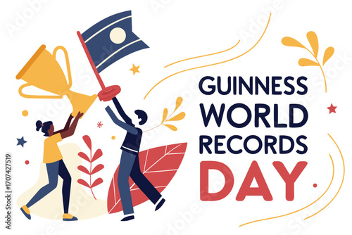 Guinness World Records Day Vector Illustration with Trophies, Medals, and Celebration in Modern Minimalist Style