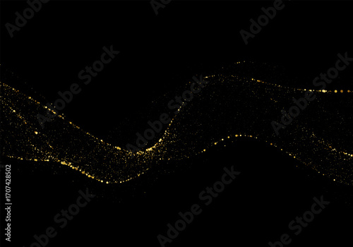 Minimal shimmering wave of golden dust and sparkling dots flowing smoothly across a black background.
