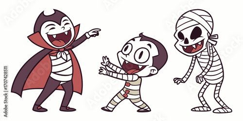 Halloween monster characters illustration. Friendly and scary vampires, zombies, mummies, and skeletons in playful or detailed style. Fun and spooky Halloween character concept.