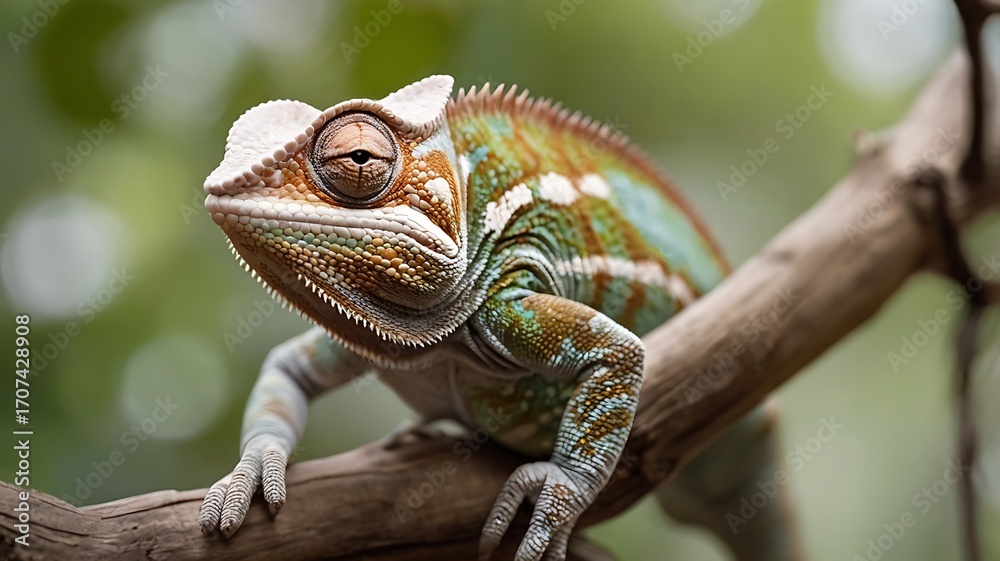 Fototapeta premium Resting Chameleon Art A vivid depiction of a single chameleon resting on a thin tree branch with a focus on detail