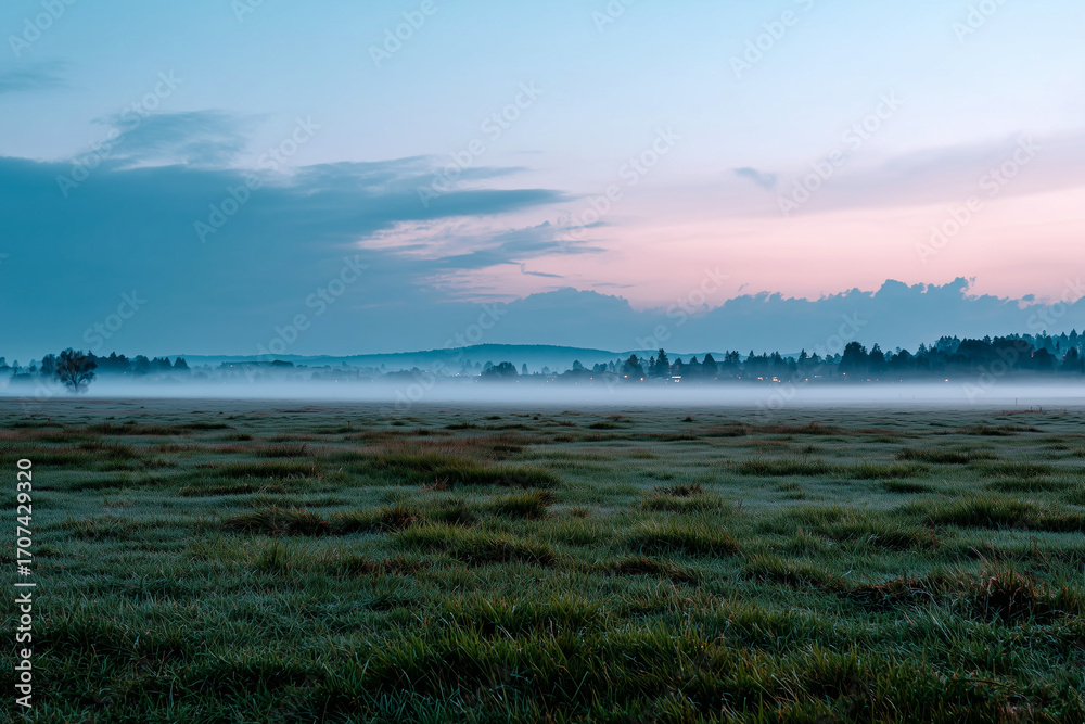 Obraz premium Mysterious mist over twilight meadow, faint light on horizon,