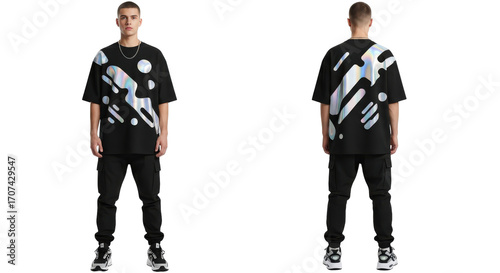 Man wearing modern graphic print t-shirt and black pants studio fashion portrait.