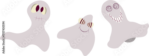 Set of cartoon pink ghost clip arts. Unique faces with stitched mouth, striped eyes, or a toothy grin. Ideal for spooky season projects or stickers, Halloween children decorations.