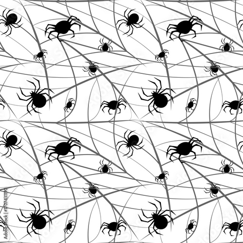 Seamless pattern of black spiders crawling out of spiderweb on a clean white background. Intertwined and storytelling design perfect for spooky season prints, or digital paper.