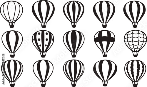 Hot Air Balloon Vector Icons Set – Black and White Silhouettes Collection