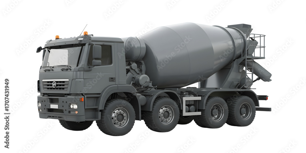 Obraz premium Gray concrete mixer truck isolated on transparent background, ready for construction work