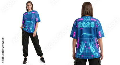 Woman modeling a futuristic cyberpunk t-shirt with neon 2025 graphic.