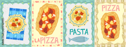 Pizza and pasta food poster with sardine and cheese. Italian food poster. Kitchen postcard with Italian spaghetti, cheese and fish