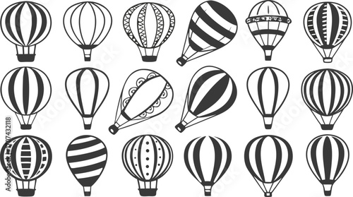 Hot Air Balloon Vector Icons Set – Black and White Silhouettes Collection