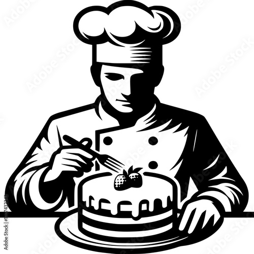 The Baker's Masterpiece: An artisan chef meticulously decorates a decadent cake, showcasing culinary skill and passion.