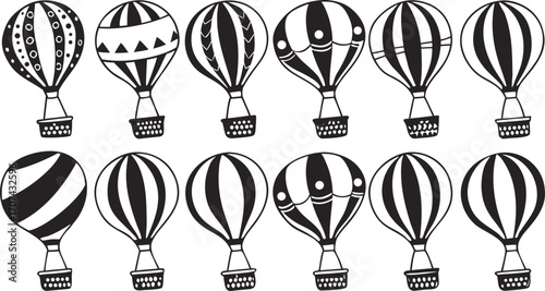 Hot Air Balloon Vector Icons Set – Black and White Silhouettes Collection