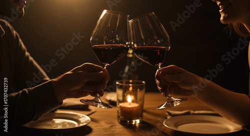 Couple clinking wine glasses during romantic dinner at candlelit restaurant with warm ambient lighting and empty plates on table evening celebration or intimate date night