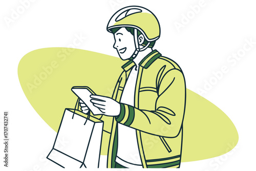 Delivery rider with helmet holding shopping bag and checking smartphone
