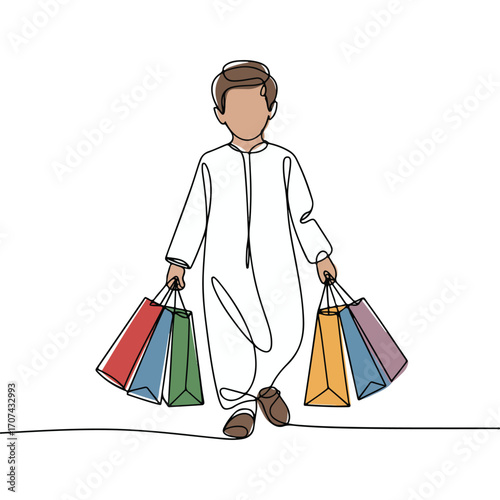 Continuous Simple black line art drawing of a shopping in a minimalist style on a white background.