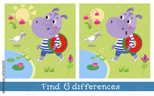 Find 6 differences. Game for kids. Hippo walk with inflatable ring to lake to swim in summer. Hand drawn vector illustration.
