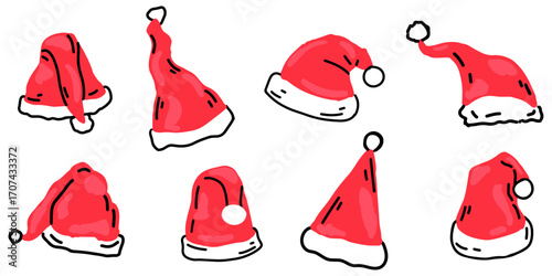 Set of hand-drawn Santa Hats in various angles and styles, featuring classic Red color with white trim and pom-pom. Perfect for Christmas, Holiday designs, greeting cards, invitations. 