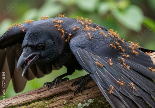Black Crow Covered with Red Ants Standing on Tree Branch in Nature
