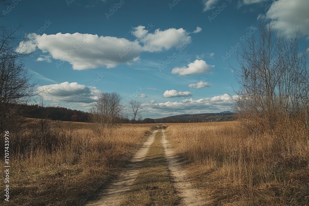 Naklejka premium A dirt road winds through a field of dried golden grasses under a partly cloudy sky. Bare trees line the edges of the path, leading to a distant, hazy horizon