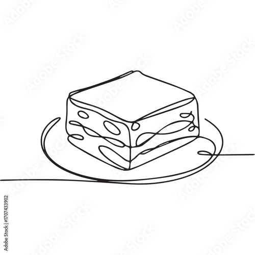 Continuous Simple black line art drawing of a lasagna in a minimalist style on a white background.