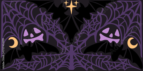 Spooky Halloween illustration featuring two glowing jack o' lanterns with purple faces, surrounded by intricate Spiderwebs, flying Bats, crescent moons, and twinkling stars against a dark background. 