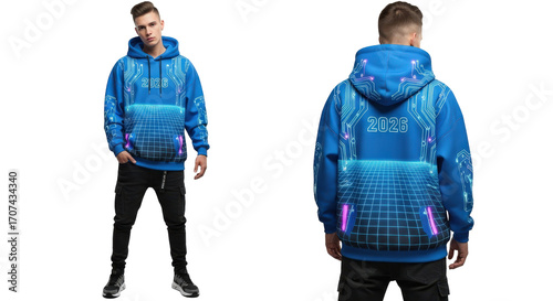 Man wearing a blue futuristic grid hoodie and black pants.